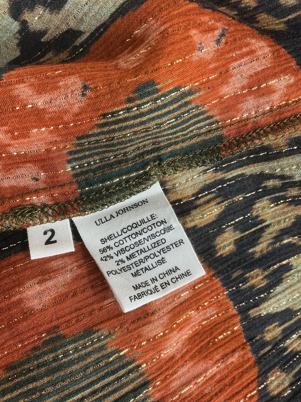 Ulla Johnson Anita Abstract Print Metallic Blouse Tie Neck NWOT Size 2 - Picture 5 of 11